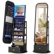 Gurexl Full Length Mirror with Storage, Lockable Jewelry Armoires with LED Light