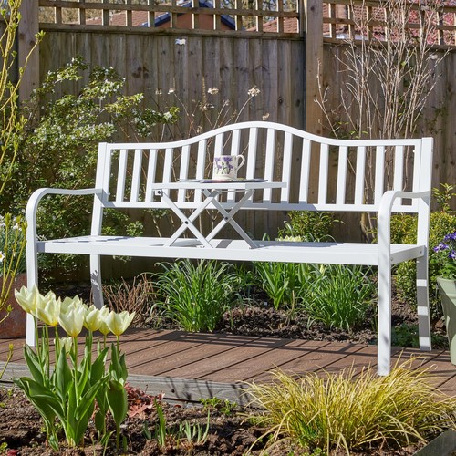 Garden Bench Loveseat White Centre Drinks Table Armrest Outdoor Patio Furniture - Picture 3 of 11