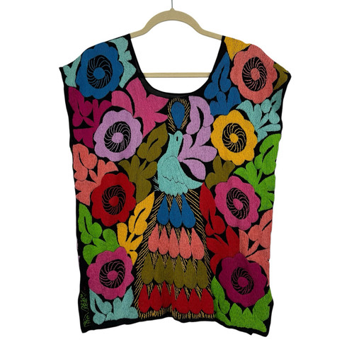Handmade Jalapa Mexico All-over Peacock & Floral Embroidery Blouse Top M Vintage