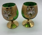 VTG Murano Venetian Italy Green Gold Floral Cognac Brandy Snifters Set Painted