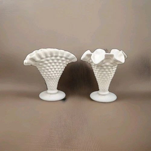 Two Fenton White Miniature Hobnail Vases Unsigned 4 Inches
