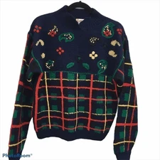 Vintage 80s Chunky Knit Sweater Sz M  Navy Tartan Plaid & Embroidered Floral