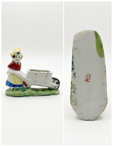 Occ in Japan Hand-Painted Ceramic Girl with Wheelbarrow Figurine, Multicolor