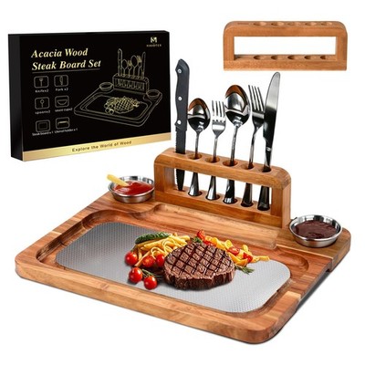 Acacia Wood Steak Board Set for Eating,16.5'' Large Wooden Plates Scratch-Proo...