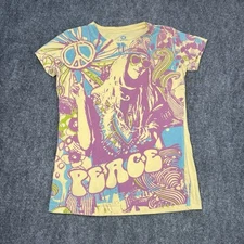 VTG Y2K Liquid Blue AOP T Shirt Yellow Tie Dye Peace Hippie Girl Sz XL Womens