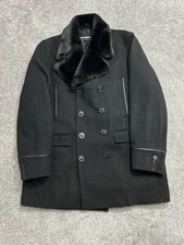 Karl Lagerfeld Paris Peacoat Mens XL Black Wool Blend Faux Fur Collar Oversized