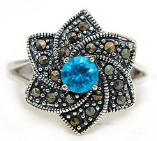 Blue Topaz  Swiss Marcasite 925 Solid Genuine Sterling Silver Ring Sz 8,9 ZB8