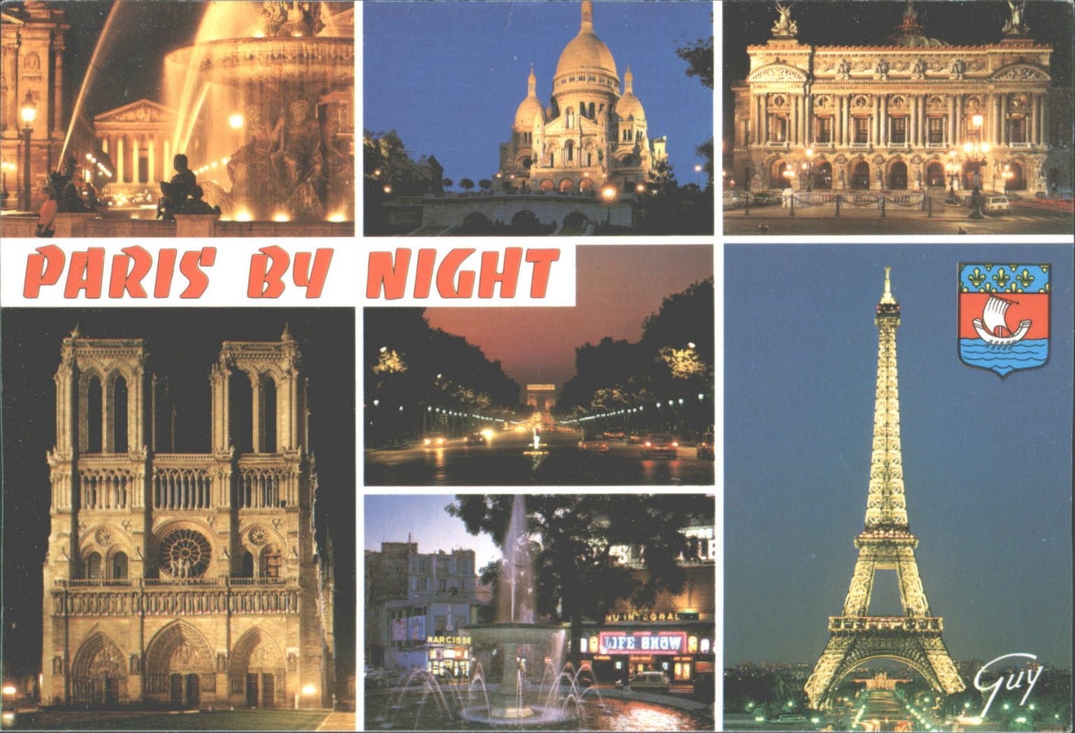 Vintage Paris By Night Postcard - Eiffel Tower, Notre Dame, Sacre Coeur
