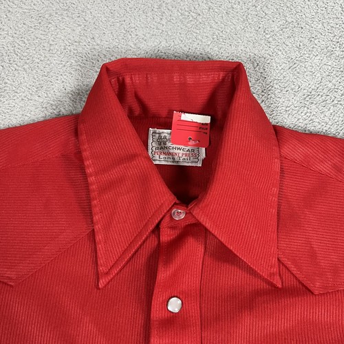 H BAR C Ranchwear Shirt Mens Small Red Pearl Snap 70s Permanent Press Long Tail - Picture 5 of 11