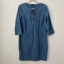 Talbots Dress Women's Petite 10P Blue Denim Chambray Lace Up Shift 3/4 Sleeve