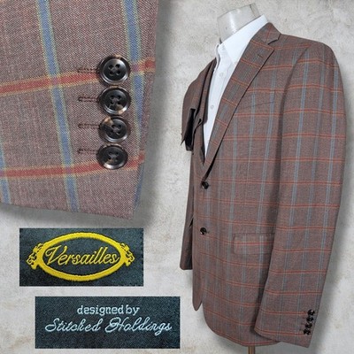 Versailles 2 Piece Suit Mens 42R 38x32 Rust Orange Check Pattern Polyester Shell