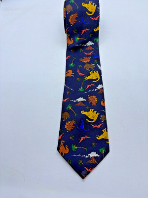 Vintage Boys Dinosaur Tie Navy Blue Volcano USA Made Novelty Short Narrow 49x3''