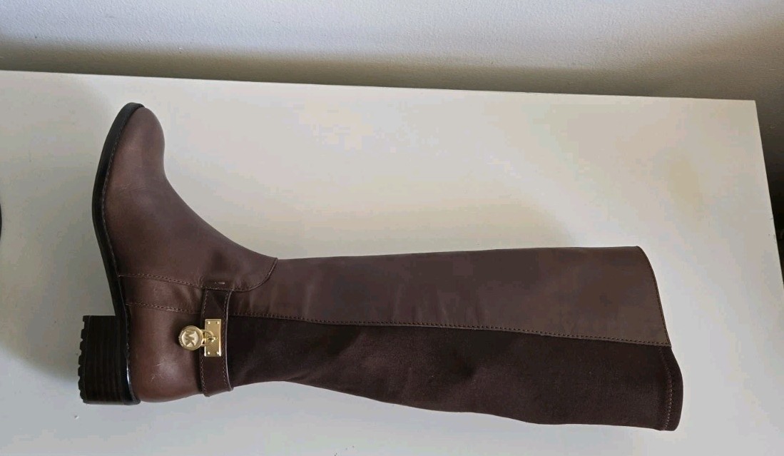 MICHAEL KORS HAMILTON WOMEN'S TALL BOOTS CHOCOLATE STRETCH MK LOGO FLAT Size 5.5 thumbnail 6