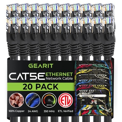 20 PCS Cat5e Ethernet Patch Cable 5 FT Black Snagless RJ45 LAN Network Cord