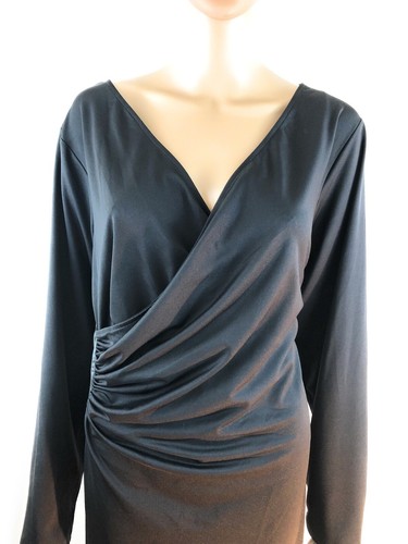 Womens Dress Size 1X/1T Black Long Sleeve Midi Length Mock Wrap Side Ruching - Picture 10 of 12