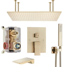 Luxury Brushed Gold Shower Faucet Set Rainfall Shower Head Combo Set Mixer Valve