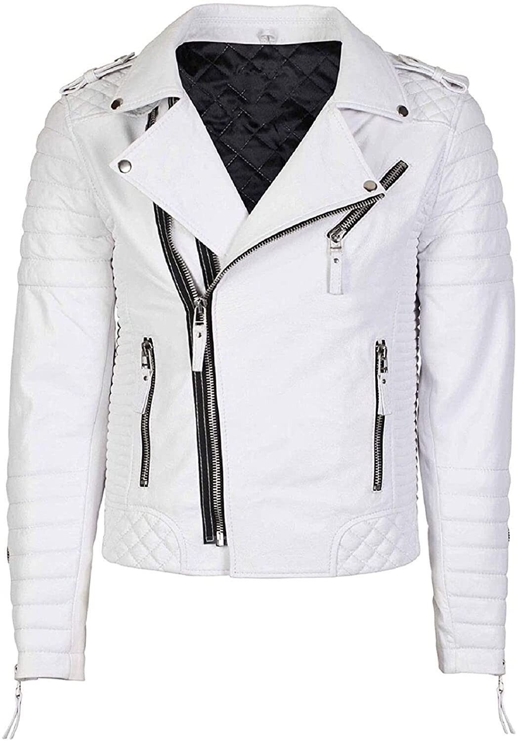 100% Genuine Lambskin White Leather Biker Jacket for Men - MBJ4a