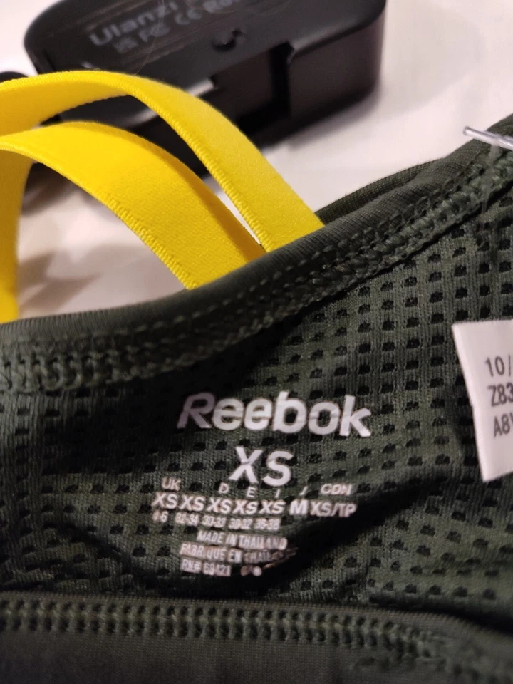 Sujetador deportivo para mujer Reebok PlayDry Strap verde amarillo XS spandex Foto 4 de 4