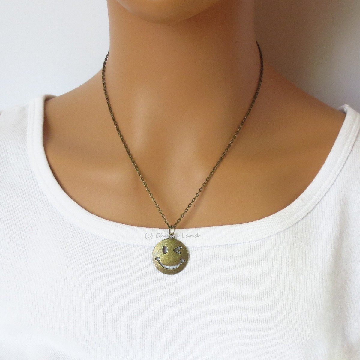 Wink Emoji Necklace Bronze Smiley Face 08083 Boho Chic Funky
