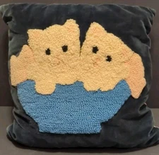 Antique Folk Art Kittens In Basket Hook Rug Feather Tic Fill Pillow Primitive