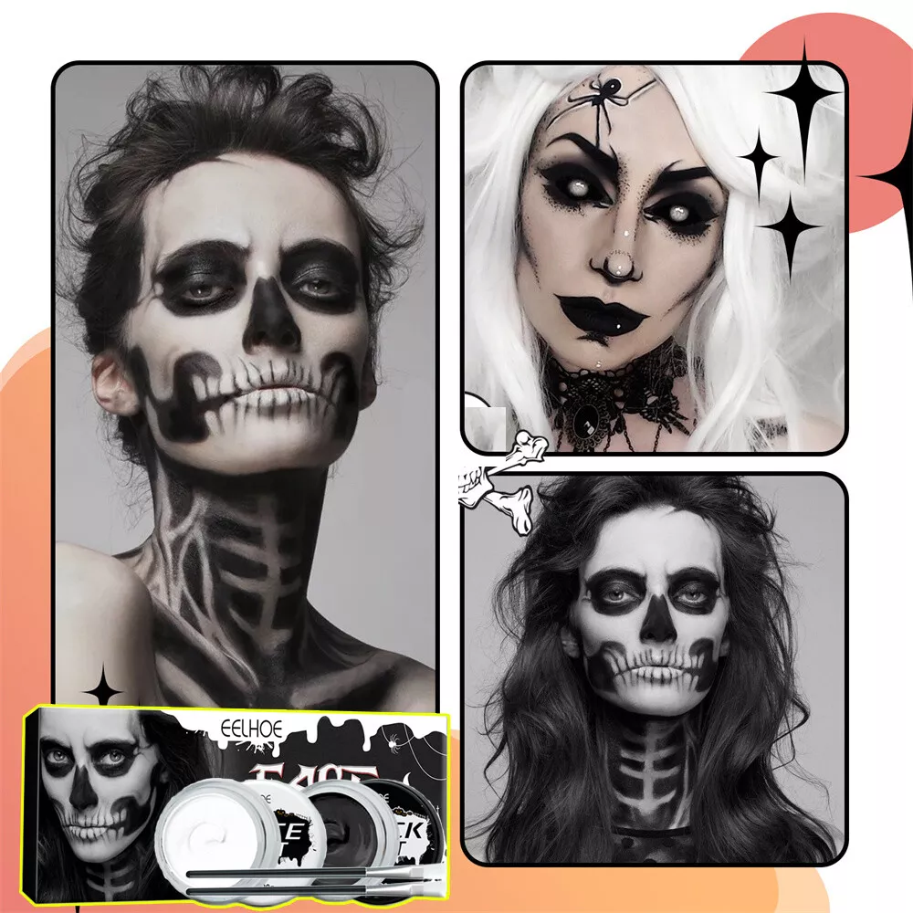 Black & White Sensitive Skin Face Body Paint Kit Halloween Skeleton Paint  Brush