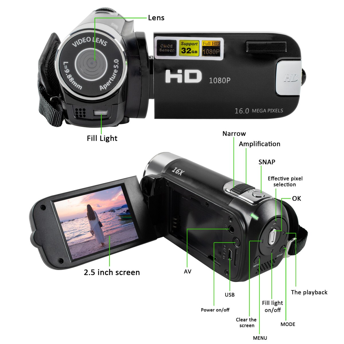 Caméscope Numérique Portable Pour Enfants 794 - Écran LCD 2 Pouces, Zoom 16x, Résolution 720p, Support Carte SD Jusqu'à 32Go, Couleur Rouge Ou Noire - 13