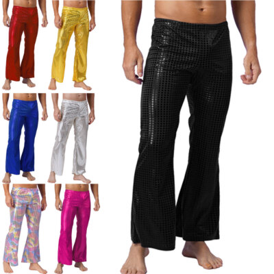 Men's Metallic Shiny Retro Disco Bell Bottom Flared Straight Pants Long Trousers