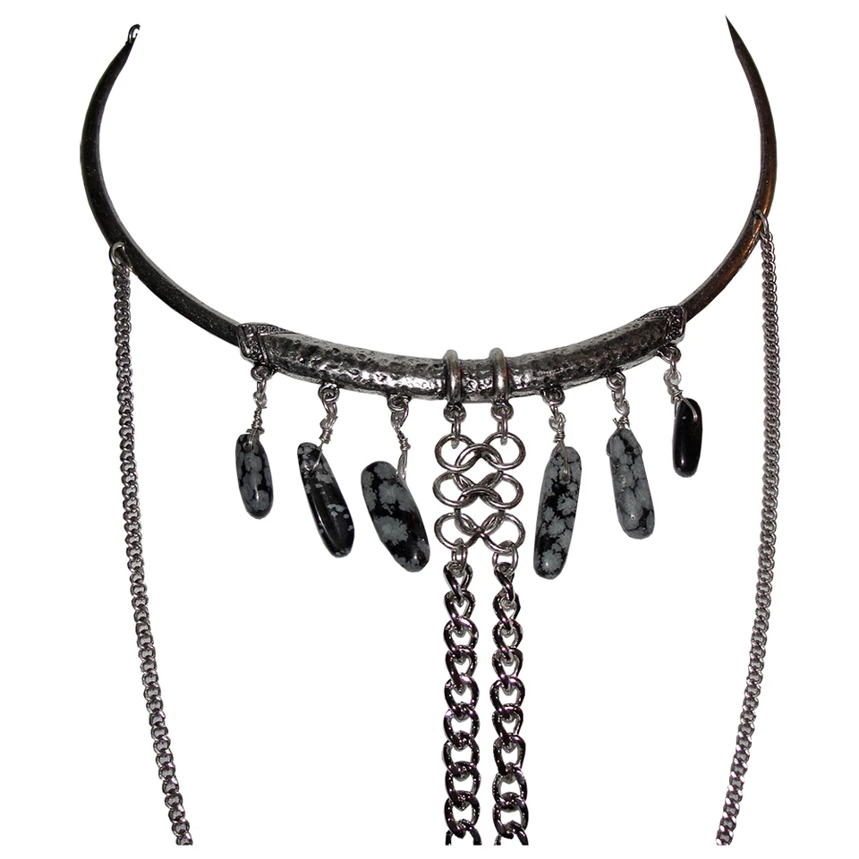 New Silver Tone Bedouin Inspired Obsidian Dangle Necklace  - Image 2 of 4