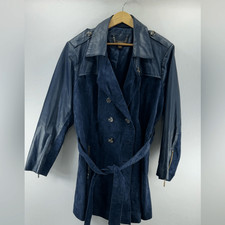 Iman Leather Suede Belted Button Trench Coat- Navy- Size 2x