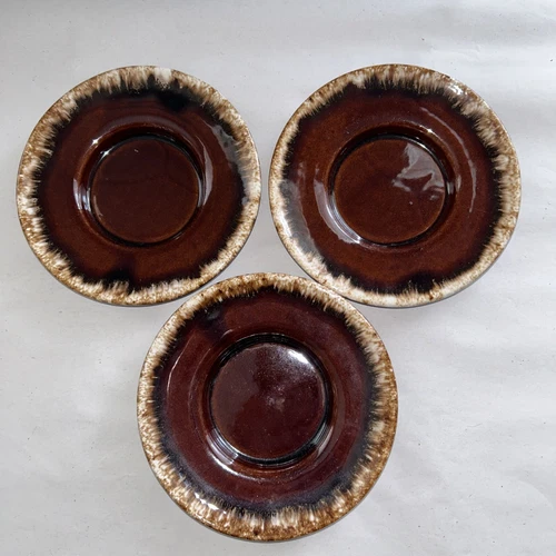 Vintage Set of 3 Hull Brown Drip Saucers 6" Oven Proof Glaze USA 1960's