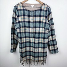 L.L. Mini vestido túnica manga larga con flecos manta a cuadros mezcla de lana frijol azul 12