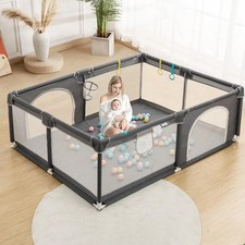 GOTGELIF 79"x63" 4-Panel Baby Playpen Spacious Secure Portable Playard Gray