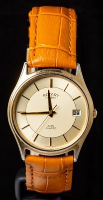 Rotary goldfarbenes Zifferblatt Herren Quarzuhr -- funktioniert