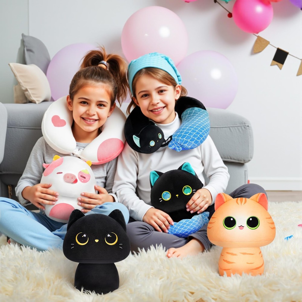 Kids Travel Pillow - 2-in-1 Black Cat Neck Pillow for Toddlers & Children, Soft Plush Support