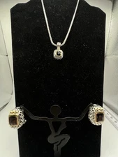Elegant Silver-Tone Necklace & Earrings Set w/ Black Faceted Stones