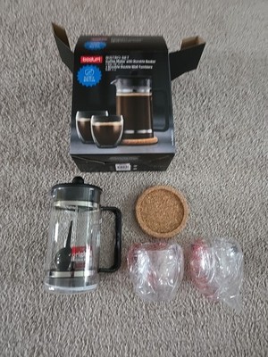 NEW! Bodum Bistro Set French Press With Two Tumblers and Cork Coaster