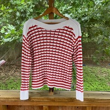 LOFT Women's Red  White Stripe Mesh Stitch Boatneck Sweater Size M