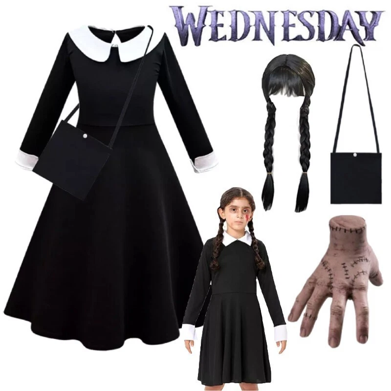 Kids Wednesday Addams Family Girls/Black Fancy Dress Wig Party Cosplay Costume - Image 2 of 4