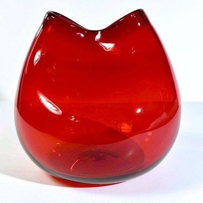 Vintage Blenko Ruby Red Art Glass Vase Pinched Top 5.25