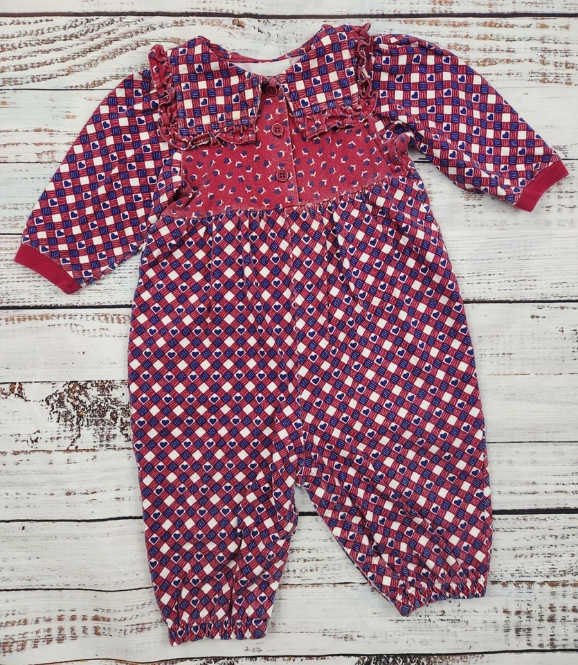Mameluco bebé vintage años 80 90 rojo y azul con estampado de corazón - Cottagecore Foto 2 de 4
