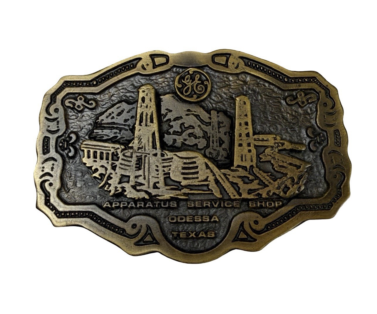 1982 Collectors Odessa Oil Show Belt Buckle Hit Line GE Texas Oilfield