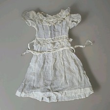 Antique Edwardian Young Girl White Cotton Dress Pintucks Fine Lace Attached Bibb