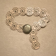 Vintage Silver Tone Metal Disc Link Chain Belt, Engraved Concho Medallion
