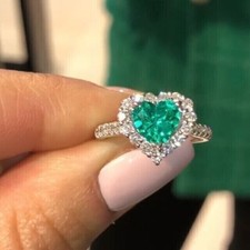 2.25Ct Halo Heart Cut Created Green Emerald Valentine Ring 14K White Gold Plated