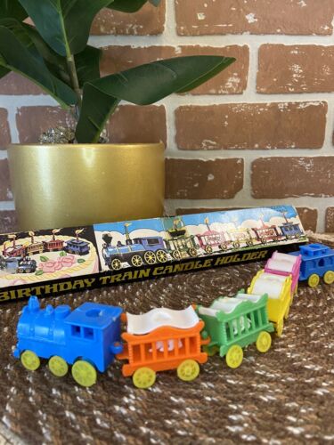 Vintage Kitsch Birthday Train Candle Holder Cake Topper Original Box 60s 70s - Afbeelding 1 van 6