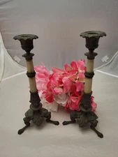 Pair of MCM Bronze Brass Marble Candlesticks with beast feet Gothic style ~10in