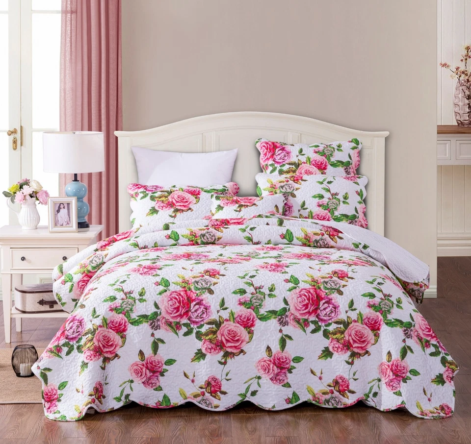 DaDa Bedding Romantic Roses Spring Pink Valentine Scalloped Floral Bedspread Set - Image 2 of 4