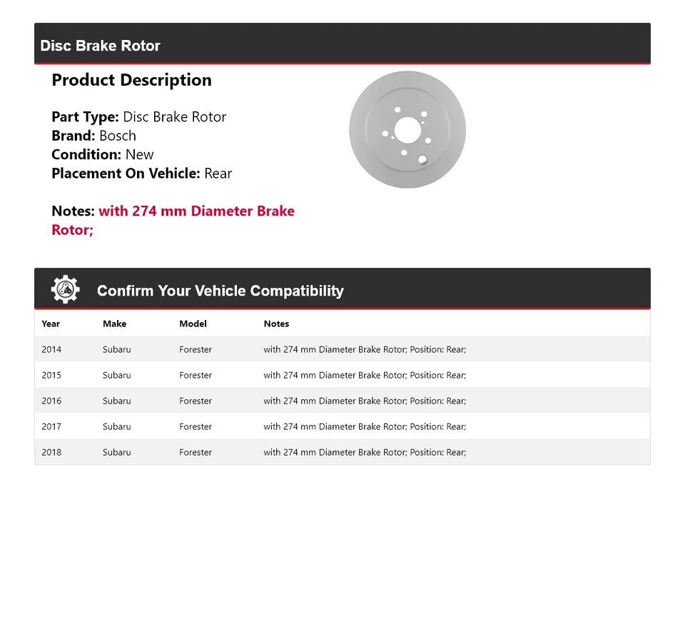 Rotor de freno de disco trasero QuietCast para Subaru Forester Bosch 2014-2018 2015 2016 Foto 2 de 4