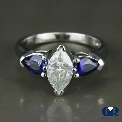Natural 2.34 Carat Marquise Shape Diamond & Sapphire engagement Ring 14KWG