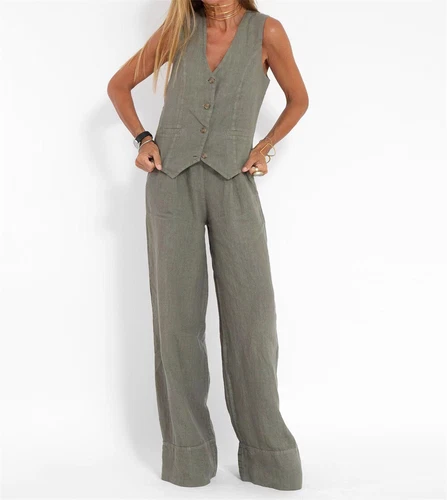 Women's 2 Piece Outfit, Sleeveless, Button Up Vest, Long Pants, Linen Set - Picture 6 of 13